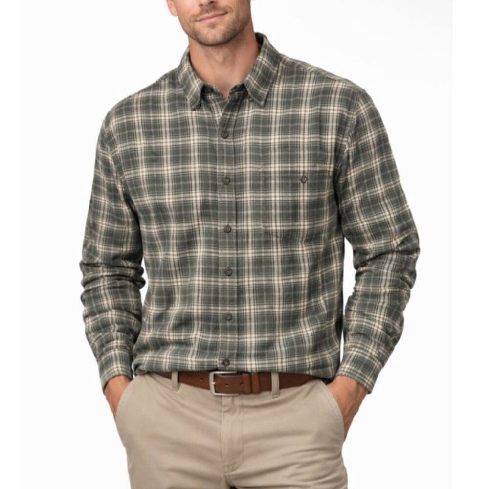 Eddie Bauer Mens Ivory Green Plaid Flannel LS Relaxed Fit Shirt Size L Tall